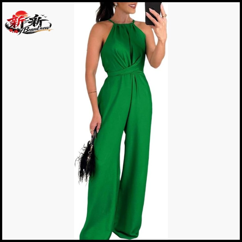 Polyester Halter Jumpsuit Sleeveless Wide Leg Romper Casual Sexy